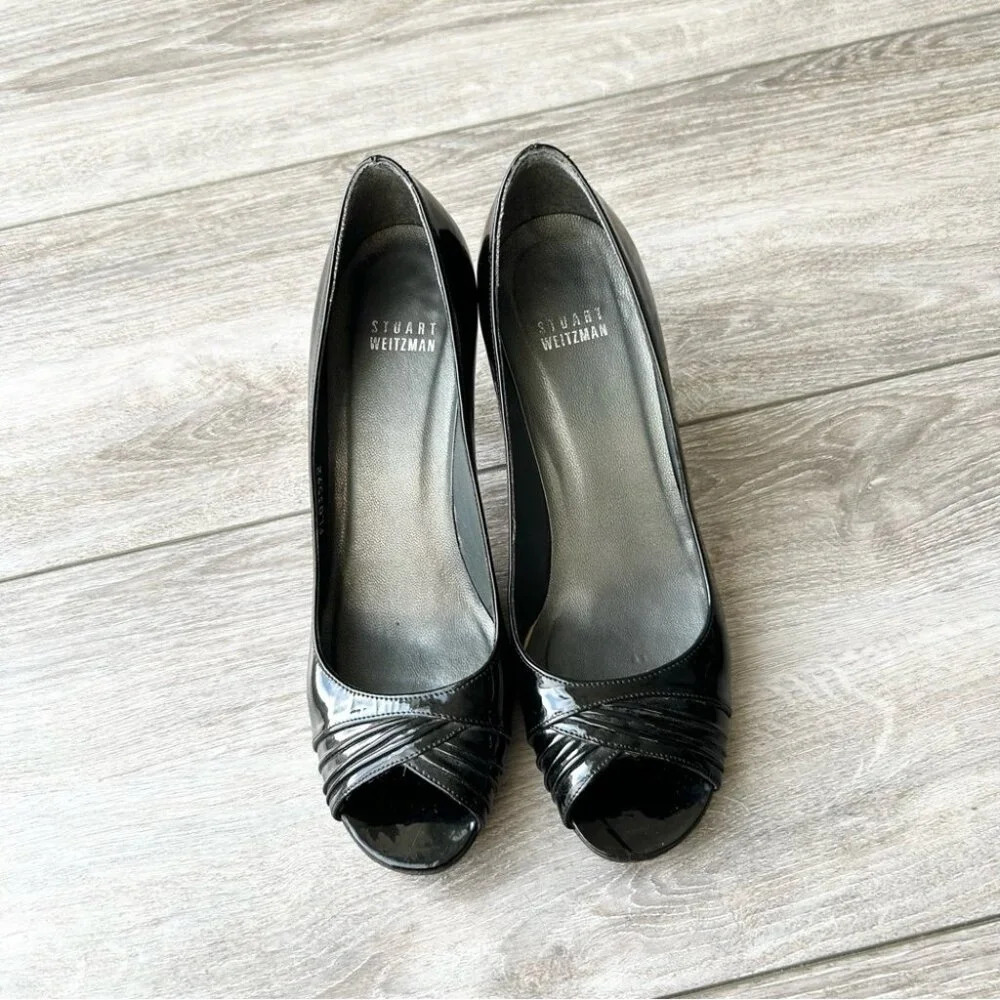 Stuart Weitzman Black Patent Leather Open Toe Pumps